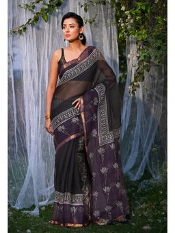 Unnati Silks - Black & Violet Pure Bagru Block Printed Kota Saree with Unstitched Blouse