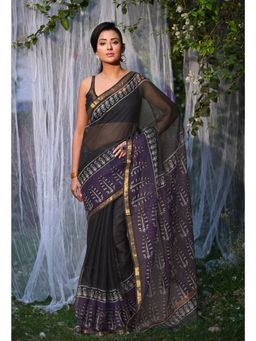 Unnati Silks - Black & Violet Pure Bagru Block Printed Kota Saree with Unstitched Blouse