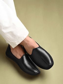 Louis Stitch - Men Jet Black Ethnic Slip On Shrunken Nagra Mojaris