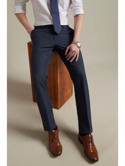 Louis Philippe - Men Navy Slim Fit Textured Flat Front Formal Trousers