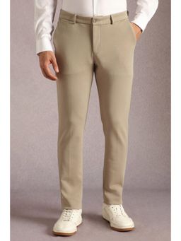 Louis Philippe - Men Beige Solid Flat Front Casual Trousers