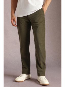 Louis Philippe - Men Olive Solid Flat Front Casual Trousers