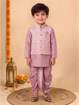BT DEZINES - Pink Floral Mid Waist Kurta Dhoti with Nehru Jacket