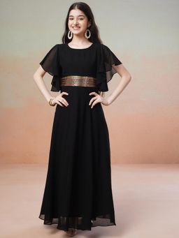 INDDUS - Black Embroidered Maxi Dress