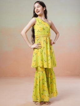INDDUS - Green Floral Mid Waist Kurti & Sharara