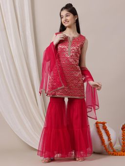 INDDUS - Magenta Woven Mid Waist Kurti Sharara with Dupatta