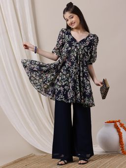 INDDUS - Navy Blue Floral Mid Waist Kurta & Palazzo