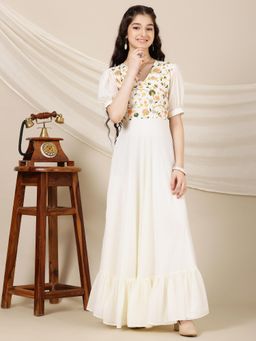 INDDUS - Off White Embroidered Maxi Dress