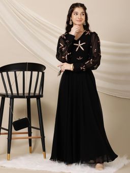INDDUS - Black Embroidered Maxi Dress