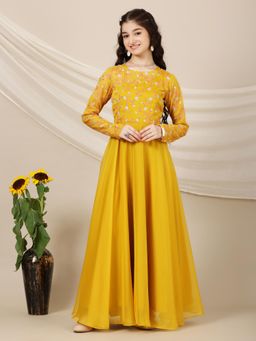 INDDUS - Mustard Embroidered Thread Work Maxi Dress