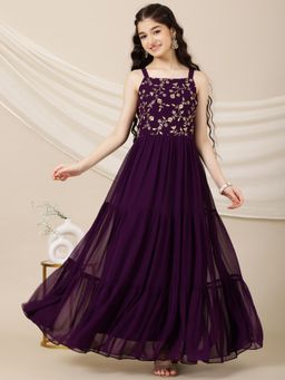 INDDUS - Wine Embroidered Thread Work Maxi Dress