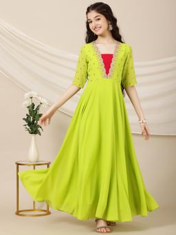 INDDUS - Green Embroidered Thread Work Maxi Dress