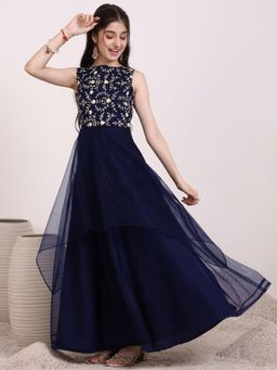INDDUS - Navy Blue Embroidered Thread Work Maxi Dress