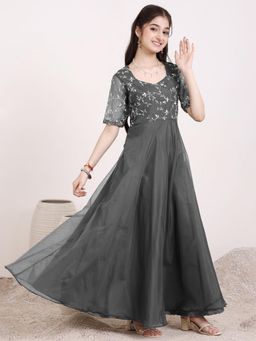 INDDUS - Taupe Embroidered Thread Work Maxi Dress