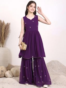INDDUS - Wine Floral Mid Waist Kurti & Sharara