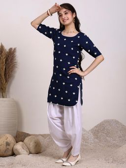 INDDUS - Navy Blue Embroidered Thread Work Mid Waist Kurti & Salwar