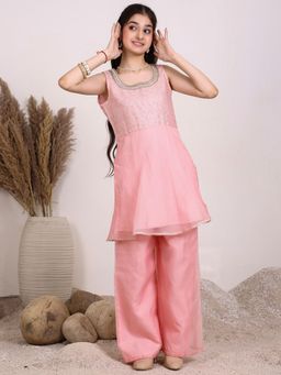 INDDUS - Pink Embroidered Thread Work Mid Waist Kurta & Pant