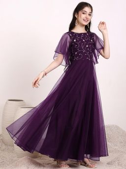 INDDUS - Purple Embroidered Thread Work Maxi Dress