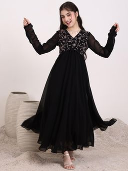 INDDUS - Black Embroidered Thread Work Maxi Dress