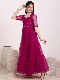 INDDUS - Maroon Embroidered Maxi Dress