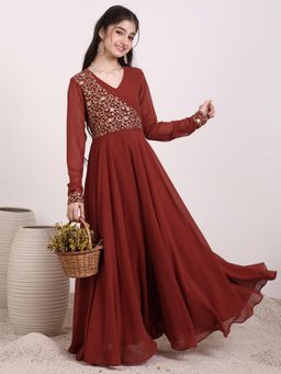 INDDUS - Maroon Embroidered Maxi Dress