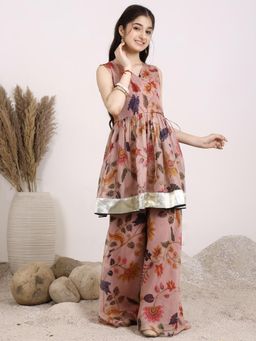 INDDUS - Pink Floral Mid Waist Kurti & Sharara
