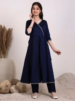 INDDUS - Navy Blue Embroidered Mid Waist Anarkali Kurta & Pant