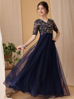 INDDUS - Navy Blue Floral Maxi Dress