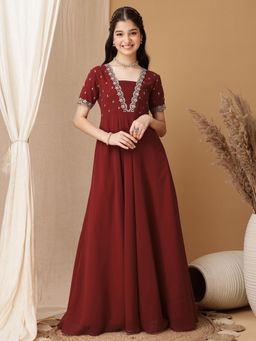 INDDUS - Rust Embroidered Thread Work Maxi Dress