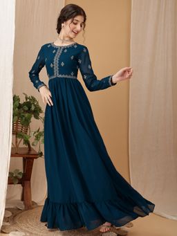 INDDUS - Teal Embroidered Maxi Dress