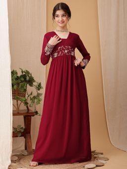 INDDUS - Maroon Embroidered Thread Work Maxi Dress