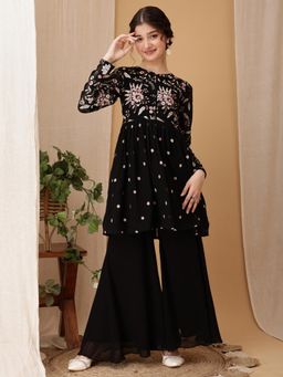 INDDUS - Black Embroidered Thread Work Mid Waist Kurti & Palazzo
