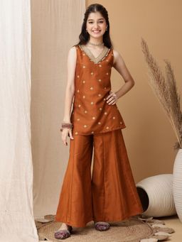 INDDUS - Rust Embroidered Mid Waist Kurta & Palazzo