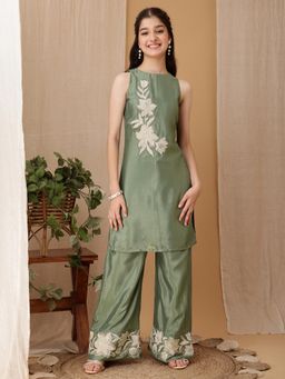 INDDUS - Green Embroidered Thread Work Mid Waist Kurta & Palazzo