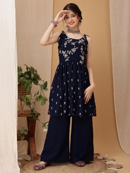 INDDUS - Navy Blue Floral Mid Waist Kurta & Palazzo