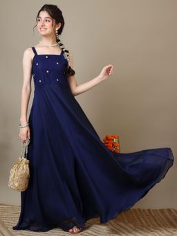 INDDUS - Navy Blue Solid/Plain Maxi Dress