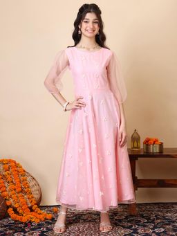 INDDUS - Pink Embroidered Thread Work Maxi Dress