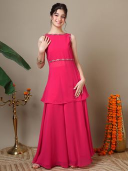 INDDUS - Pink Solid/Plain Mid Waist Kurta & Palazzo