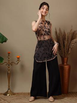 INDDUS - Beige Embroidered Thread Work Mid Waist Kurta & Palazzo