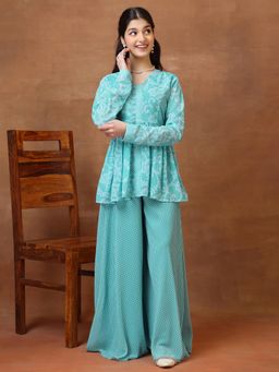 INDDUS - Turquoise Floral Mid Waist Kurta & Palazzo