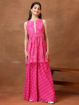 INDDUS - Pink Floral Mid Waist Kurta & Palazzo