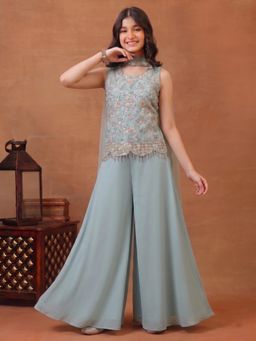 INDDUS - Blue Floral Mid Waist Top Palazzo with Dupatta