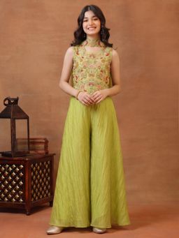INDDUS - Green Floral Mid Waist Top Palazzo with Dupatta