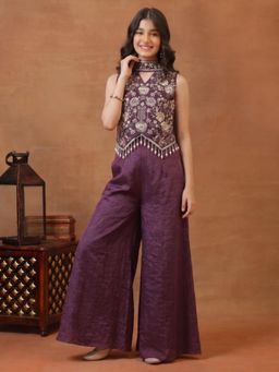 INDDUS - Mauve Embroidered Mid Waist Top Palazzo with Dupatta