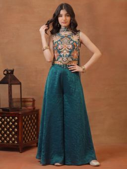 INDDUS - Teal Floral Mid Waist Top Palazzo with Dupatta