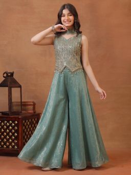 INDDUS - Green Embellished/Sequined Mid Waist Top Palazzo with Dupatta