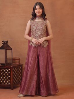 INDDUS - Pink Embellished/Sequined Mid Waist Top Palazzo with Dupatta
