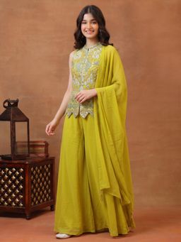 INDDUS - Green Embroidered Mid Waist Top Palazzo with Dupatta