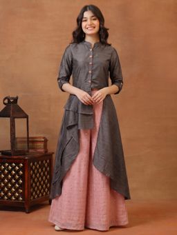 INDDUS - Brown Textured Mid Waist Kurta & Palazzo
