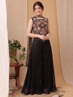 INDDUS - Black Embroidered Thread Work Mid Waist Top Palazzo with Dupatta